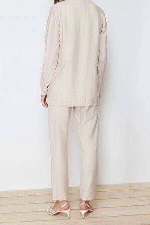 Moda Bisiklet Yaka Balon Kol Casual Günlük Keten Görünümlü Dokuma Pantolon Tunik Alt Üst Takım