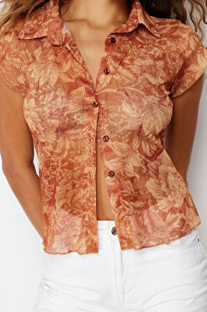 Moda Polo Yaka Örme Slim Fit Çiçekli Desen Casual Günlük Regular Kısa Kol Bluz