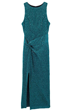 Moda Stil Fitted Halter Yaka Midi Boy Vücuda Oturan Örme Parıltılı Pul Payet Şık Abiye Elbise
