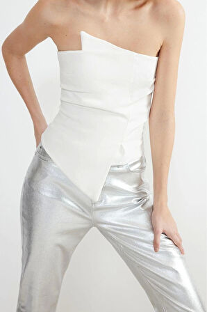 Moda Straplez Dokuma Fit Düz Desen Şık gece Regular Kolsuz Bluz