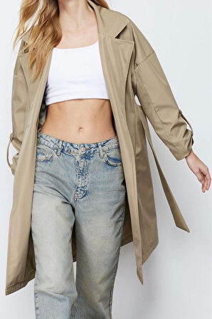 Tasarım Düz Astarlı Yaka Midi Oversize Ceket Kadın Oversize Kuşaklı Su İtici Uzun Trençkot