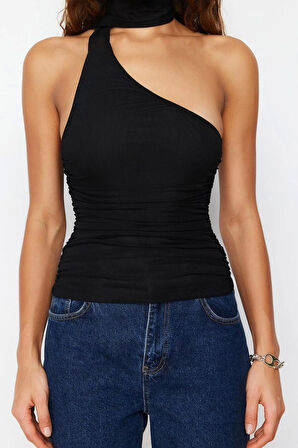 Moda Asimetrik Yaka Örme Slim Düz Desen Casual Günlük Regular Kolsuz Bluz
