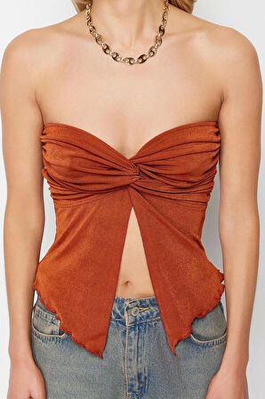 Moda Straplez Örme Slim Düz Desen Casual Günlük Crop Kolsuz Bluz