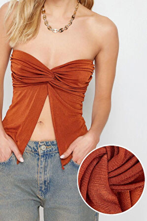 Moda Straplez Örme Slim Düz Desen Casual Günlük Crop Kolsuz Bluz