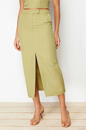 Moda Düz Desen Günlük Midi Boy Premium Önden Yırtmaçlı Midi Boy Dokuma Etek