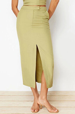 Moda Düz Desen Günlük Midi Boy Premium Önden Yırtmaçlı Midi Boy Dokuma Etek