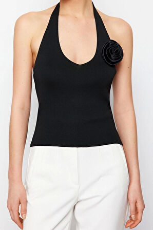 Moda V Yaka Triko Slim Fit Düz Desen Casual Günlük Crop Askılı Kol Bluz