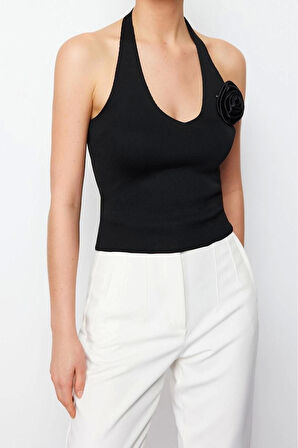 Moda V Yaka Triko Slim Fit Düz Desen Casual Günlük Crop Askılı Kol Bluz