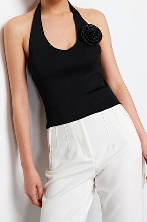 Moda V Yaka Triko Slim Fit Düz Desen Casual Günlük Crop Askılı Kol Bluz