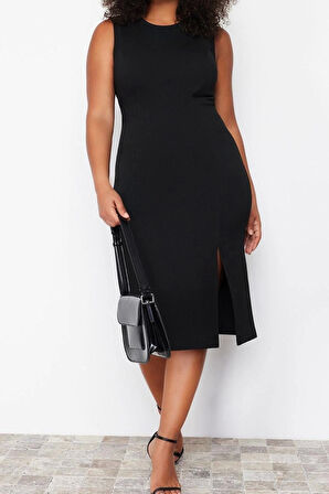 Moda Slim Casual Günlük İnterlok Örme Bisiklet Yaka Kolsuz Kol Shift Midi Boy Büyük Beden Elbise