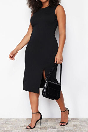 Moda Slim Casual Günlük İnterlok Örme Bisiklet Yaka Kolsuz Kol Shift Midi Boy Büyük Beden Elbise