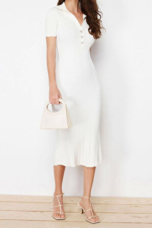 Moda Regular Casual Günlük Tek Plaka Triko Polo Yaka Kısa Kol A-Line Maxi Boy Elbise