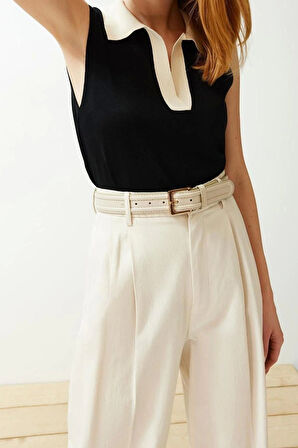 Moda Polo Yaka Triko Regular Renk Bloklu Desen Casual Günlük Regular Kolsuz Bluz