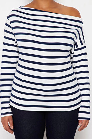 Moda Büyük Beden Kayık Yaka Örme Slim Çizgili Desen Casual Günlük Regular Uzun Kol Bluz