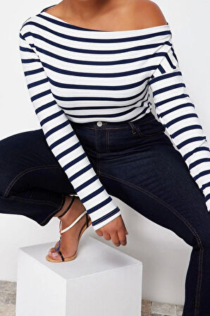 Moda Büyük Beden Kayık Yaka Örme Slim Çizgili Desen Casual Günlük Regular Uzun Kol Bluz