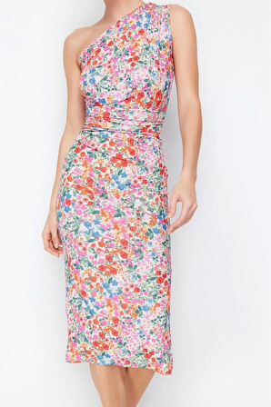 Moda Slim Asimetrik Yaka Midi Boy Vücuda Oturan Tek Omuz Asimetrik Büzgü Detaylı Örme Kalem Elbise