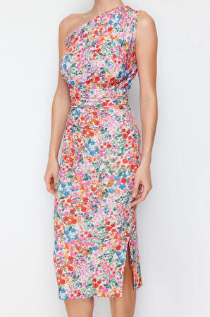 Moda Slim Asimetrik Yaka Midi Boy Vücuda Oturan Tek Omuz Asimetrik Büzgü Detaylı Örme Kalem Elbise