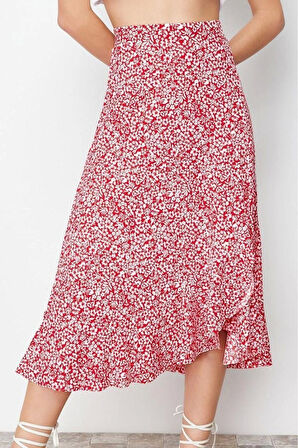 Moda Regular Puantiyeli Günlük Midi Boy Baskılı Büzgü Detaylı ve Volanlı Yüksek Bel Esnek Örme Etek