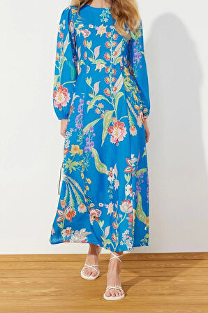 Moda Regular Günlük Keten Görünümlü Dokuma Bisiklet Yaka Uzun Kol Skater Maxi Boy Tesettür Elbise