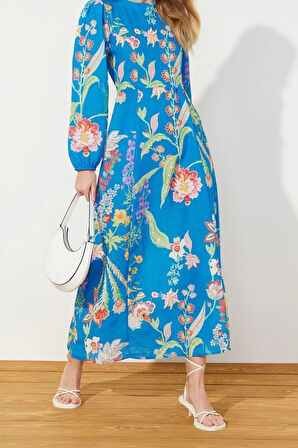 Moda Regular Günlük Keten Görünümlü Dokuma Bisiklet Yaka Uzun Kol Skater Maxi Boy Tesettür Elbise