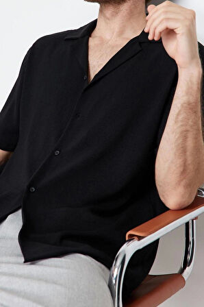 Moda Erkek Apaş Yaka Düz Desen Günlük Oversize Fit Yazlık Kısa Kollu Keten Görünümlü Gömlek Gömlek