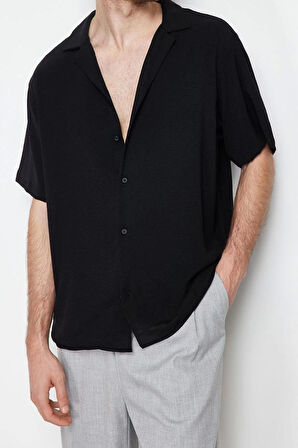 Moda Erkek Apaş Yaka Düz Desen Günlük Oversize Fit Yazlık Kısa Kollu Keten Görünümlü Gömlek Gömlek