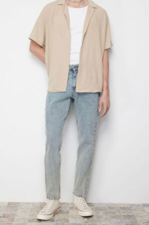 Moda Erkek Apaş Yaka Düz Desen Günlük Oversize Fit Yazlık Kısa Kollu Keten Görünümlü Gömlek Gömlek