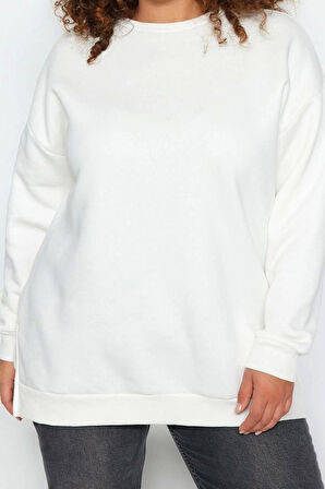 Büyük Beden Oversize Bisiklet Yaka Standart Kol Kalın İçi Polarlı Yırtmaçlı Örme Sweatshirt