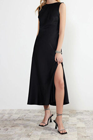 Moda Fit Mezuniyet Balo Saten Dokuma Bisiklet Yaka Kolsuz Kol Shift Maxi Boy Elbise