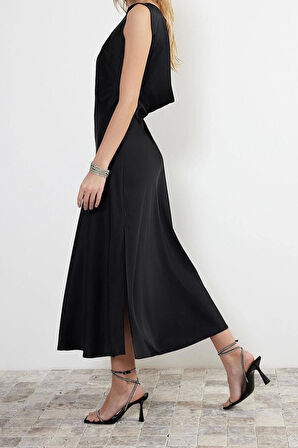 Moda Fit Mezuniyet Balo Saten Dokuma Bisiklet Yaka Kolsuz Kol Shift Maxi Boy Elbise
