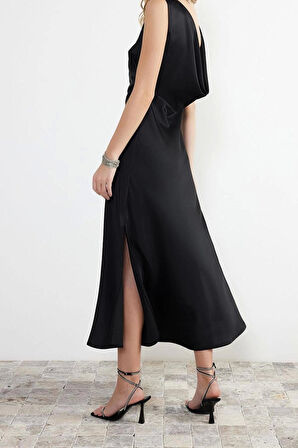 Moda Fit Mezuniyet Balo Saten Dokuma Bisiklet Yaka Kolsuz Kol Shift Maxi Boy Elbise