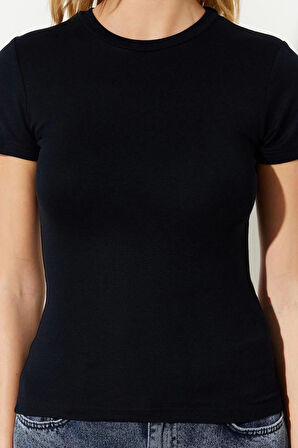 Moda Bisiklet Yaka Örme Slim Çizgili Desen Casual Günlük Regular Kısa Kol Bluz