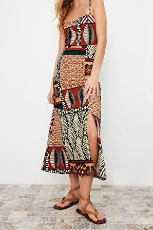 Moda Regular Casual Günlük Bürümcük Örme Kare Yaka Askılı Kol Shift Midi Boy Elbise