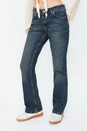 Stil Kadın Moda Denim Kot Pantolon Regular Boru Paça Düşük Bel Straight Jeans