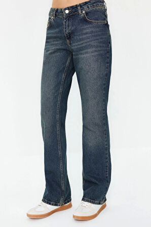 Stil Kadın Moda Denim Kot Pantolon Regular Boru Paça Düşük Bel Straight Jeans