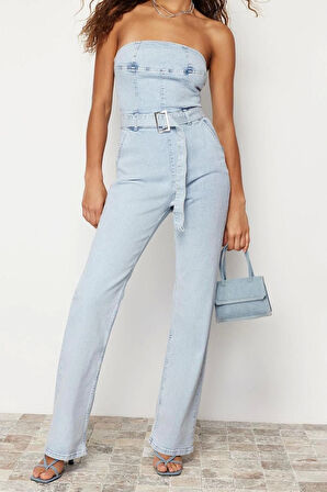 Kadın Moda Standart Kol Geniş Paça Straplez Düz Desen Regular Kemerli Straplez Denim Tulum