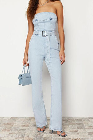 Kadın Moda Standart Kol Geniş Paça Straplez Düz Desen Regular Kemerli Straplez Denim Tulum
