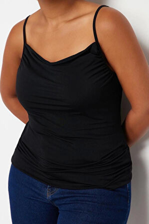 Moda Büyük Beden Degaje Yaka Örme Fit Düz Desen Casual Günlük Regular Askılı Kol Bluz