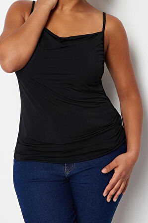 Moda Büyük Beden Degaje Yaka Örme Fit Düz Desen Casual Günlük Regular Askılı Kol Bluz