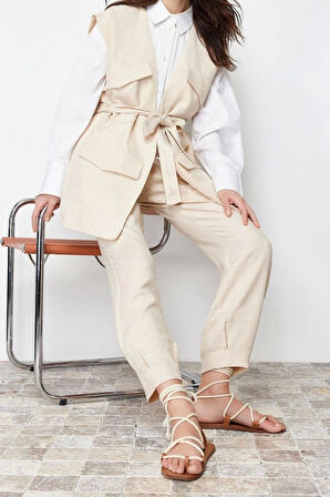 Moda Dokuma Düz Düşük Kol Casual Günlük Taş Keten Görünümlü Yelek Pantolon Dokuma Alt Üst Takım