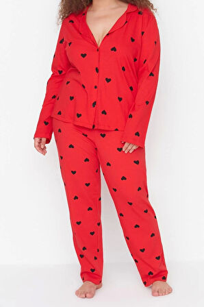 Tarz Rahat Büyük Beden Uzun Kollu Geniş Paça Kalpli Örme Pijama Takımı