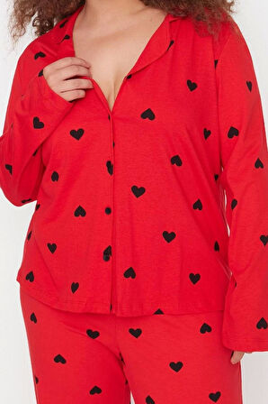 Tarz Rahat Büyük Beden Uzun Kollu Geniş Paça Kalpli Örme Pijama Takımı