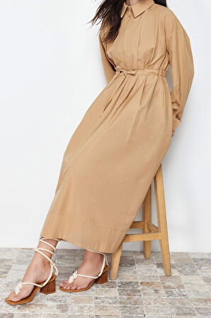 Moda Regular Casual Günlük Poplin Dokuma Ceket Yaka Uzun Kol A-Line Maxi Boy Tesettür Elbise