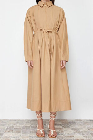 Moda Regular Casual Günlük Poplin Dokuma Ceket Yaka Uzun Kol A-Line Maxi Boy Tesettür Elbise