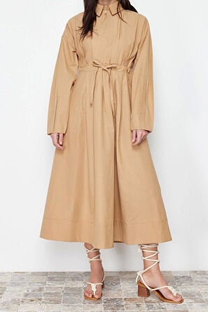 Moda Regular Casual Günlük Poplin Dokuma Ceket Yaka Uzun Kol A-Line Maxi Boy Tesettür Elbise