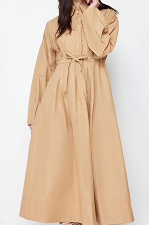 Moda Regular Casual Günlük Poplin Dokuma Ceket Yaka Uzun Kol A-Line Maxi Boy Tesettür Elbise