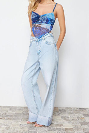 Moda Degaje Yaka Örme Slim Geometrik Desen Casual Günlük Crop Askılı Kol Bluz