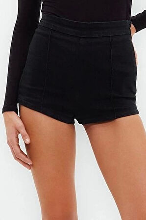 Moda Denim Yüksek Bel Dar Paça Gündelik Siyah Fitted Eksta Kısa Streç Şort Bermuda