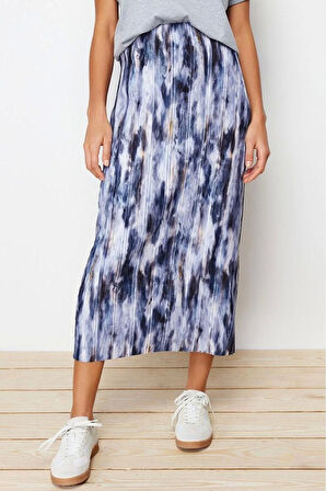 Moda Regular Baskılı Desen Günlük Maxi Boy Baskılı Normal Lastikli Bel Pilise Maxi Örme Etek