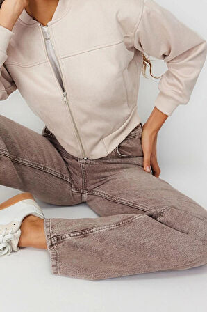 Tasarım Düz Astarlı Yaka Crop Bol Hakim Kadın Oversize Süet Bomber Ceket Mont